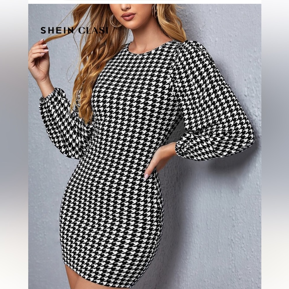 SHEIN Black and White Houndstooth Long Sleeve Dress